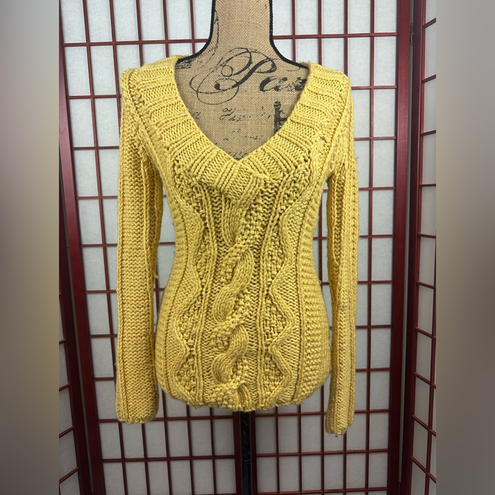 Anthropologie Sleeping on Snow Yellow Wool Cable Knit Pull Over V Neck Sweater